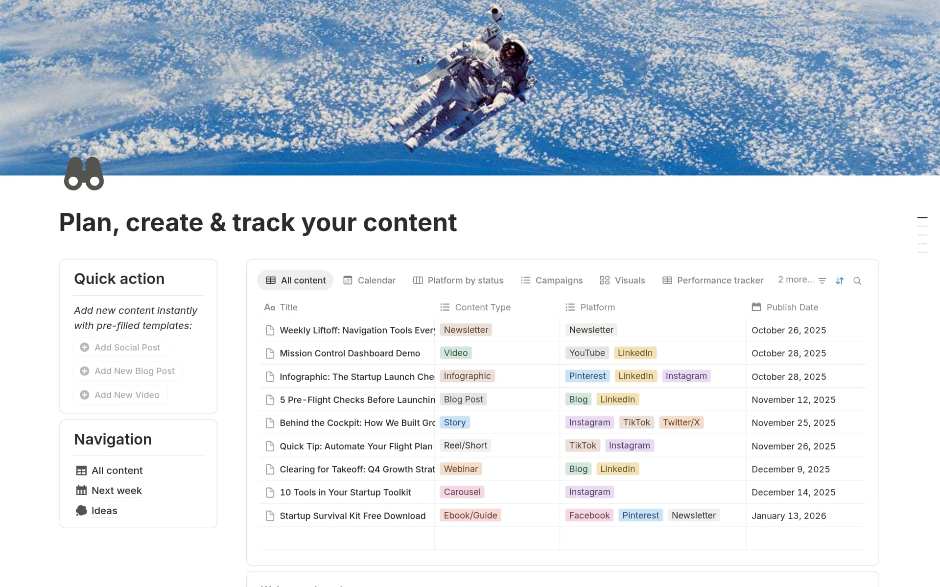 A template preview for Plan, create & track your content