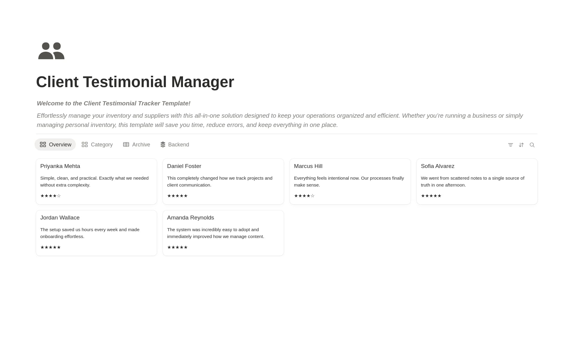 A template preview for Client Testimonial Manager