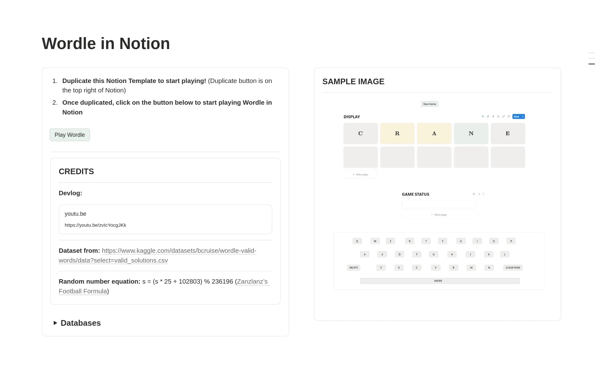 A template preview for Wordle [made using formulas & databases]
