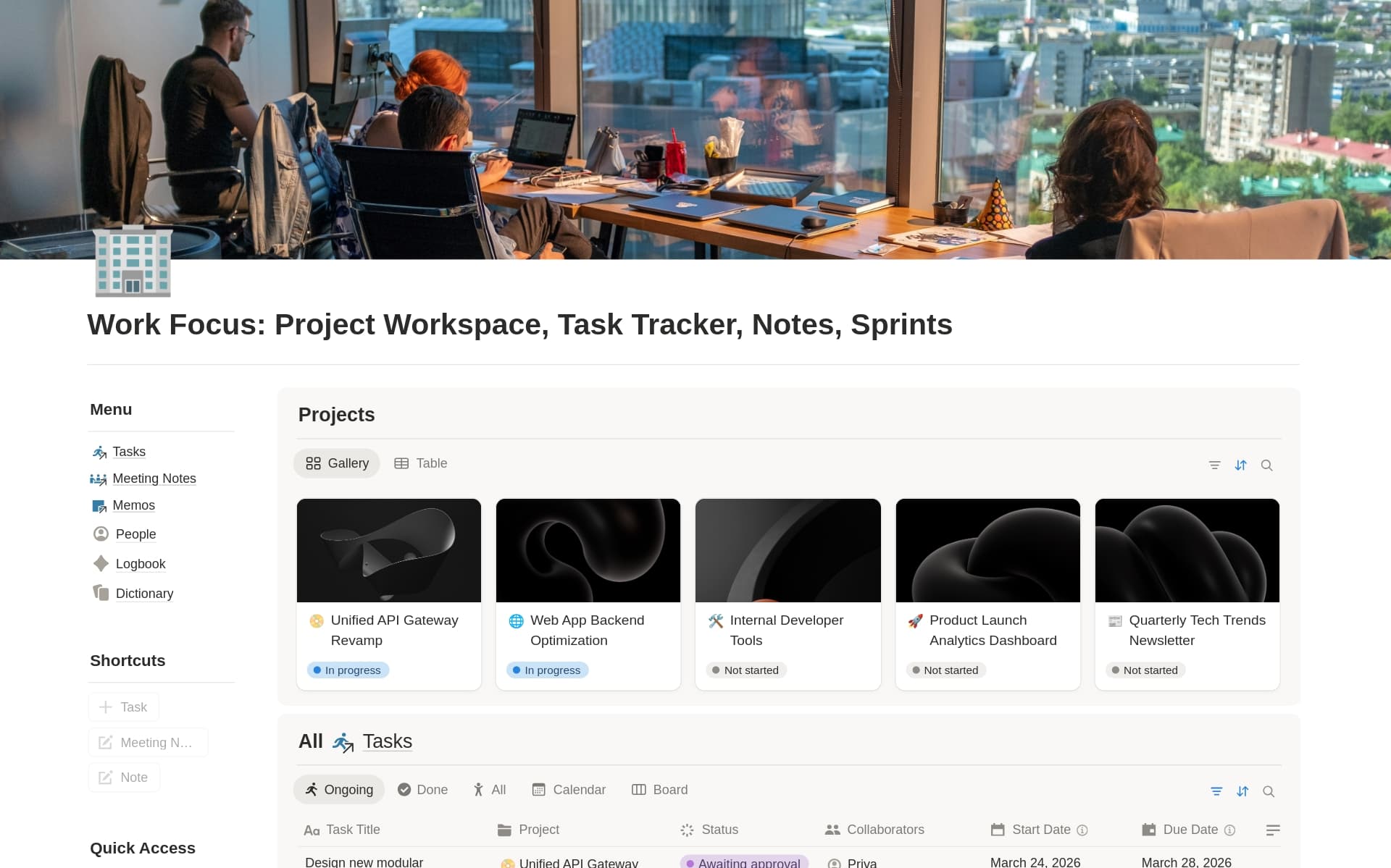 A template preview for Work Focus: Project Workspace, Task Tracker, Notes