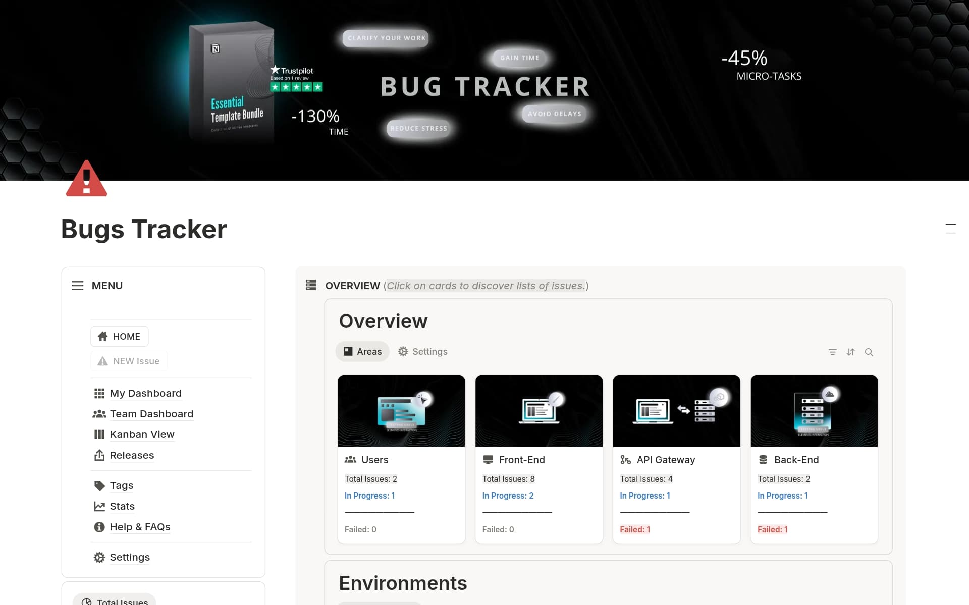 A template preview for Bugs Tracker