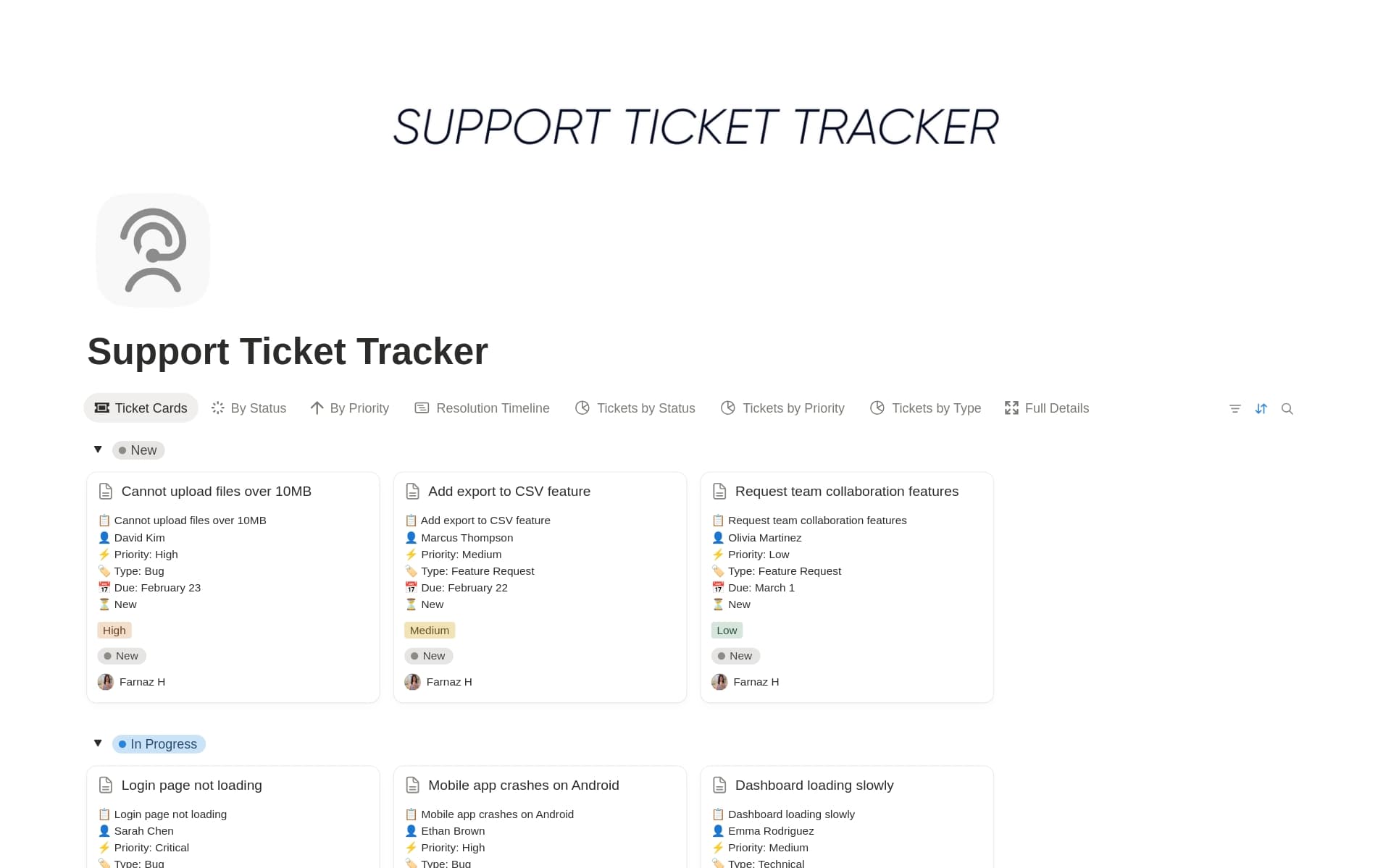 A template preview for Support Ticket Tracker