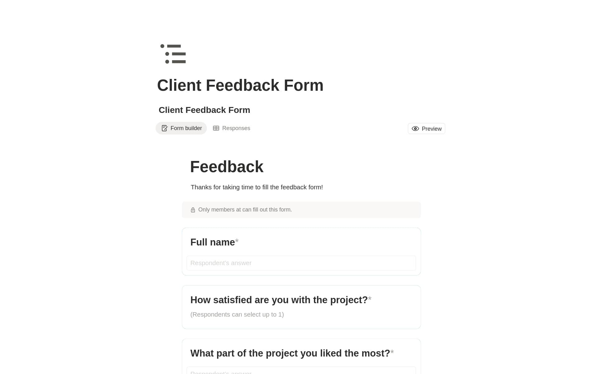 A template preview for Project Feedback Form