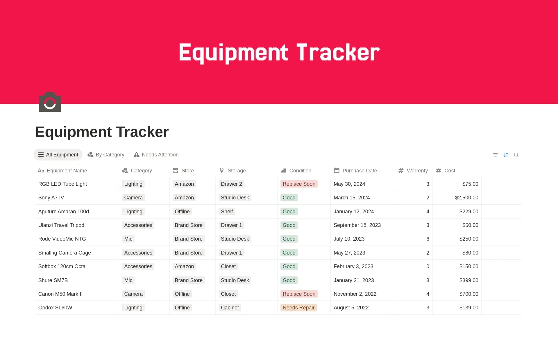A template preview for Equipment Tracker