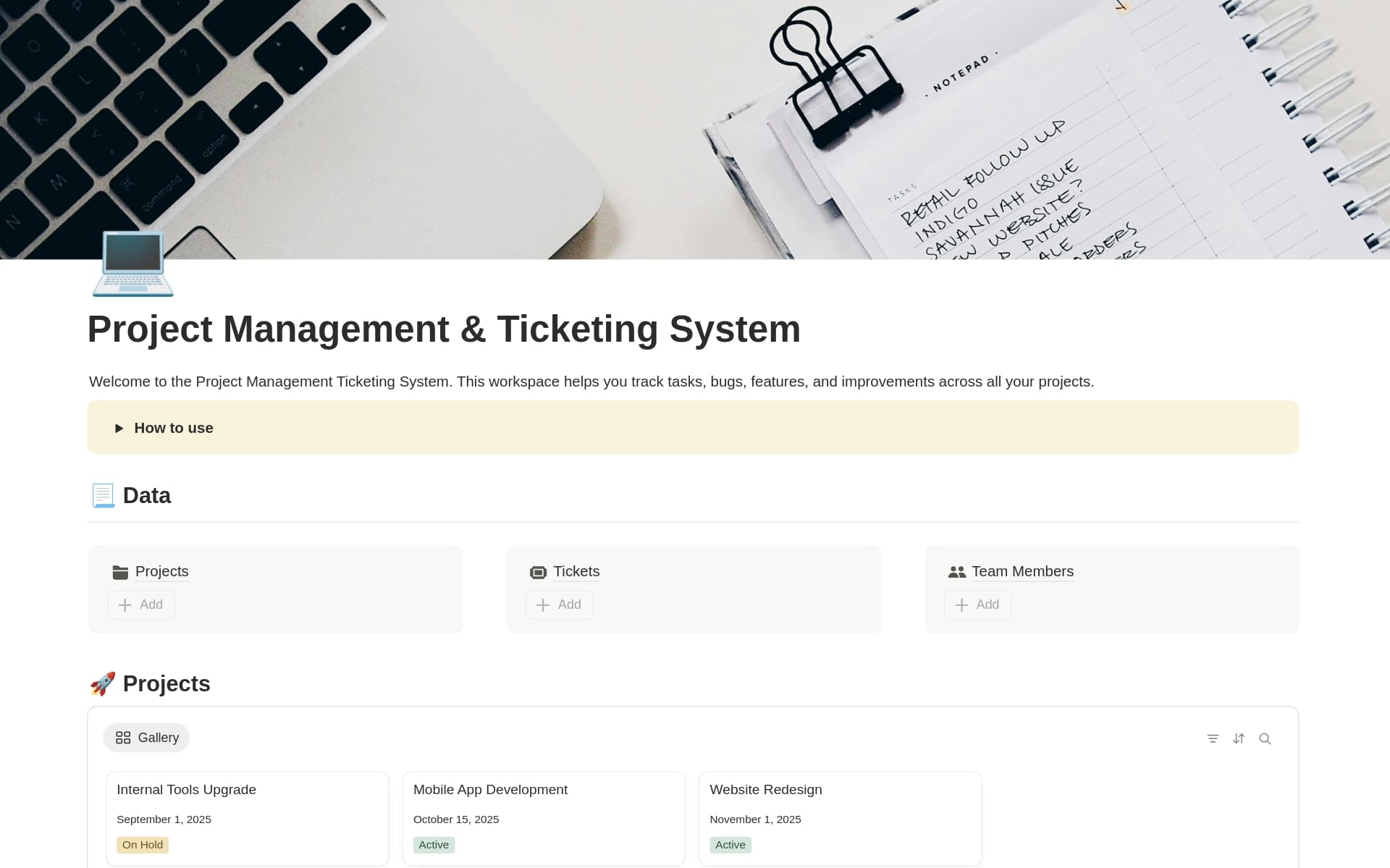A template preview for Project Management & Ticketing System