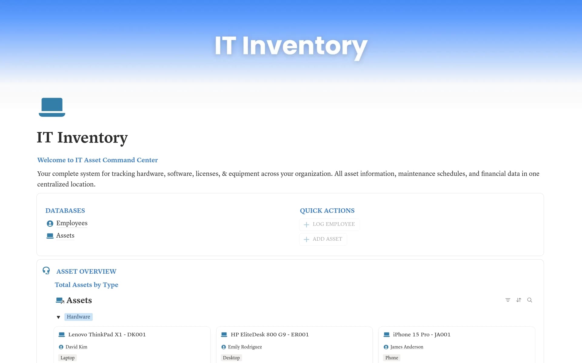 A template preview for IT Inventory