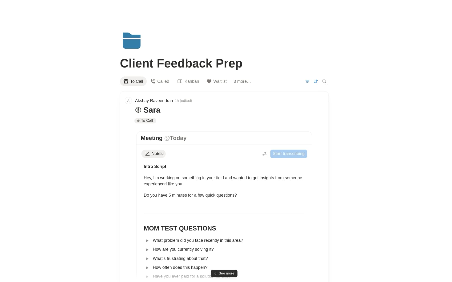 A template preview for Potential Client Feedback Tracker (Mom's Test)