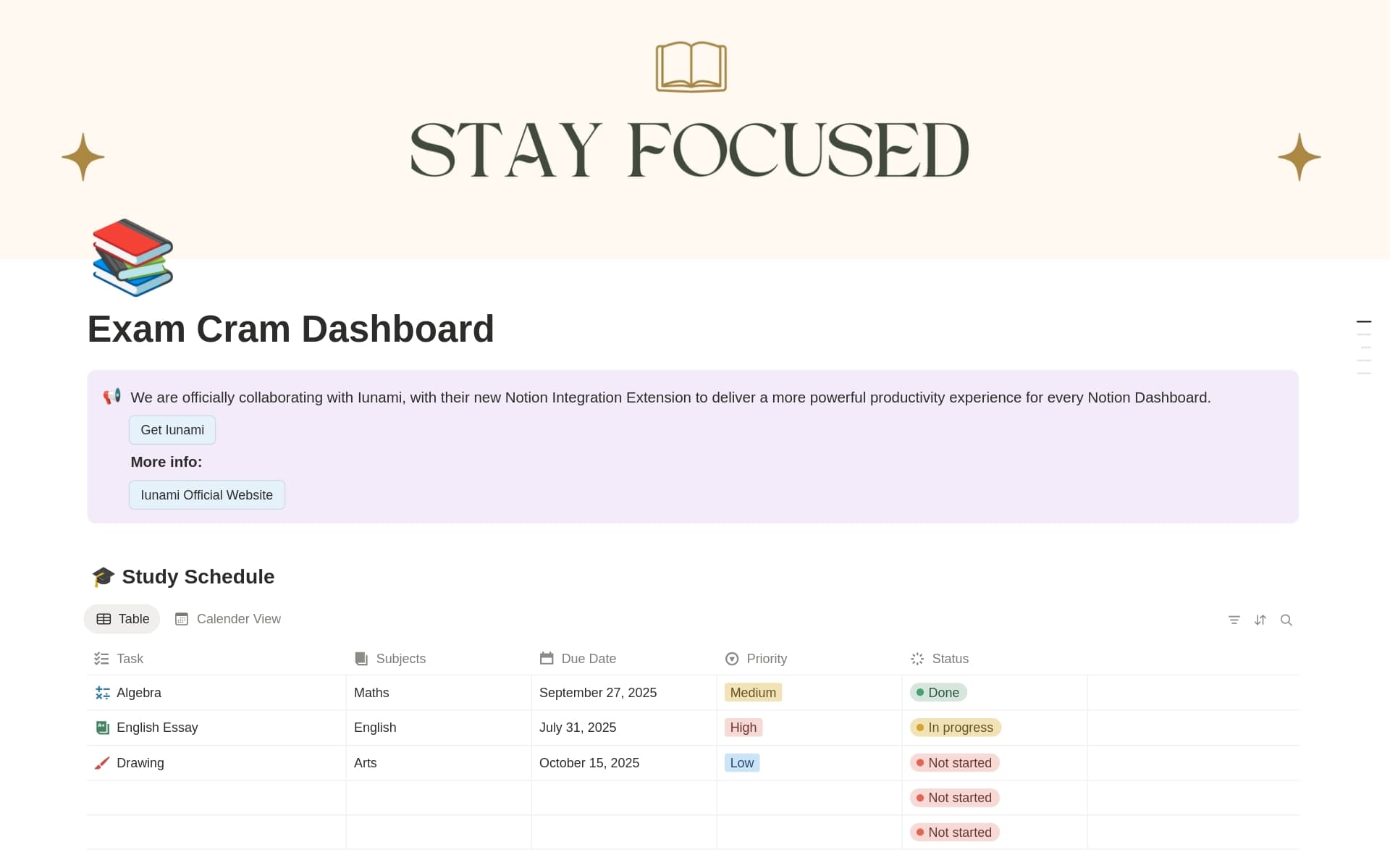 A template preview for Exam Cram Dashboard